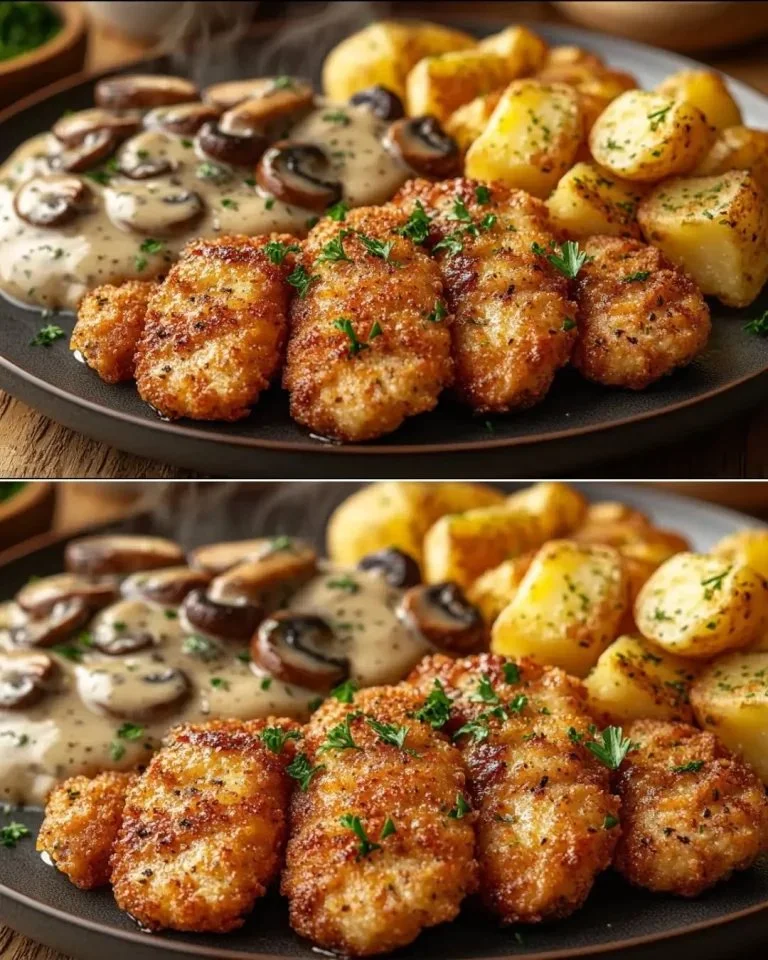 Kip met Champignonroomsaus en Gebakken Aardappelen op een mooi opgedekte tafel