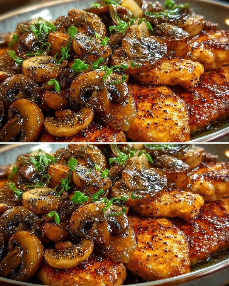 Gerechten van Kip met Champignons in Sojasaus op een bord