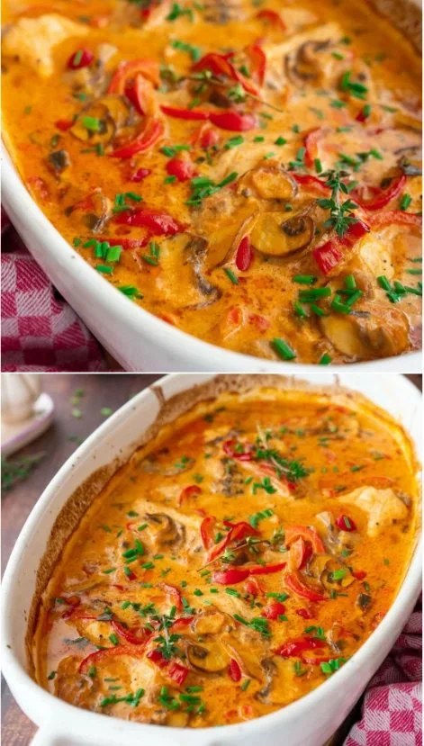 Heerlijke kip met crème fraîche en paprika op een bord