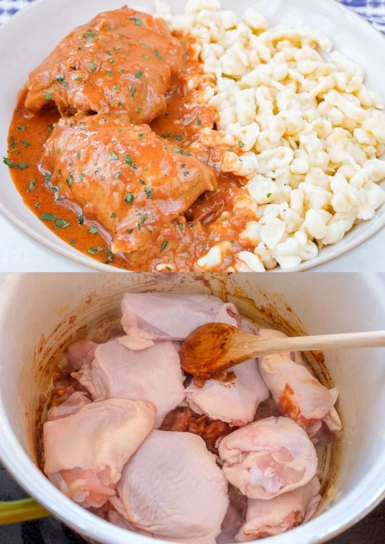 Heerlijk bord Kip Paprikash met zachte kip in romige paprikasaus.