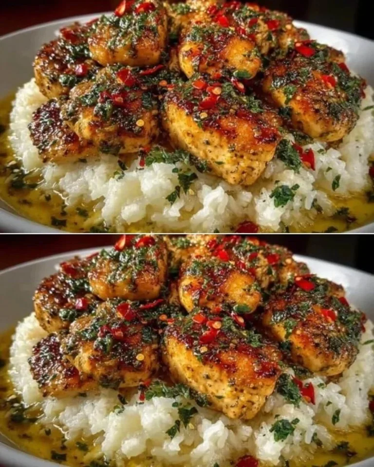 Kip Scampi geserveerd met romige knoflook Parmezaan rijst.