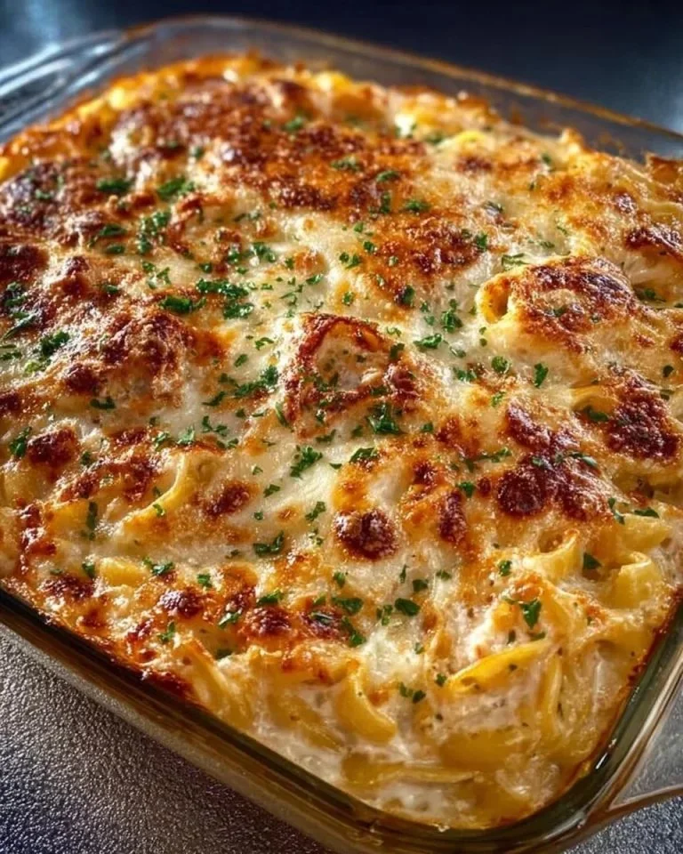 Heerlijke kip spaghetti ovenschotel uit de oven.