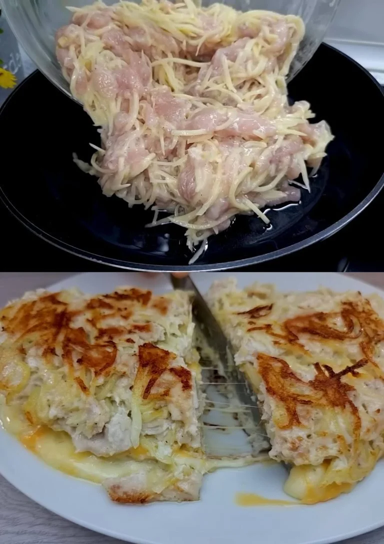 Kipfilet met aardappel en kaas zonder oven, smakelijk en gemakkelijk recept.