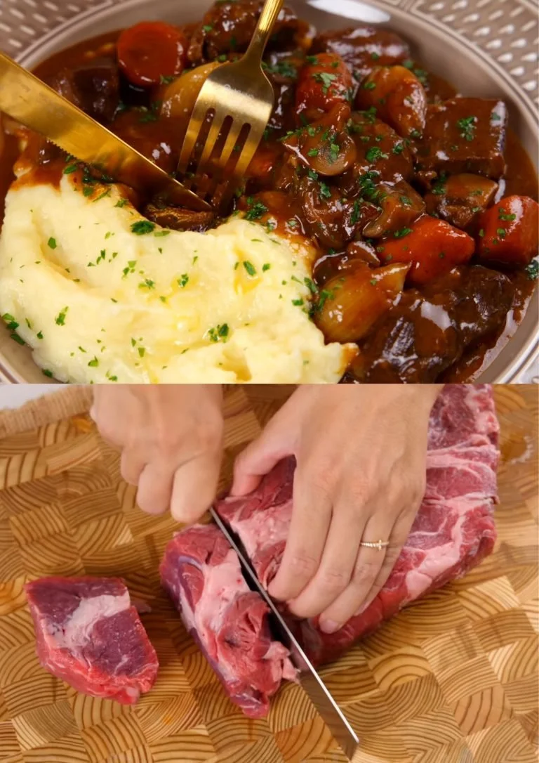 Klassieke Boeuf Bourguignon geserveerd met groenten en aardappelpuree