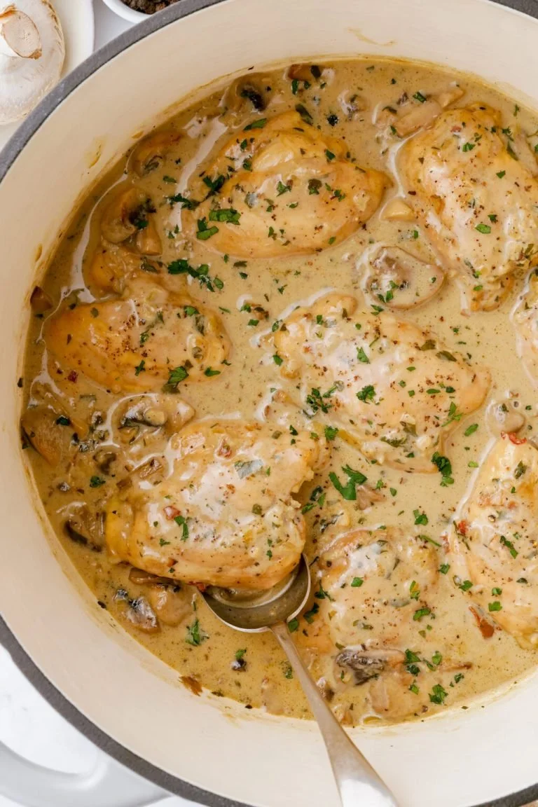 Klassieke Franse Kippenfricassee met kip, groenten en romige saus