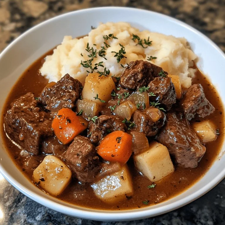 Klassieke Ierse rundvleesstoofpot met Guinness geserveerd in een kom.