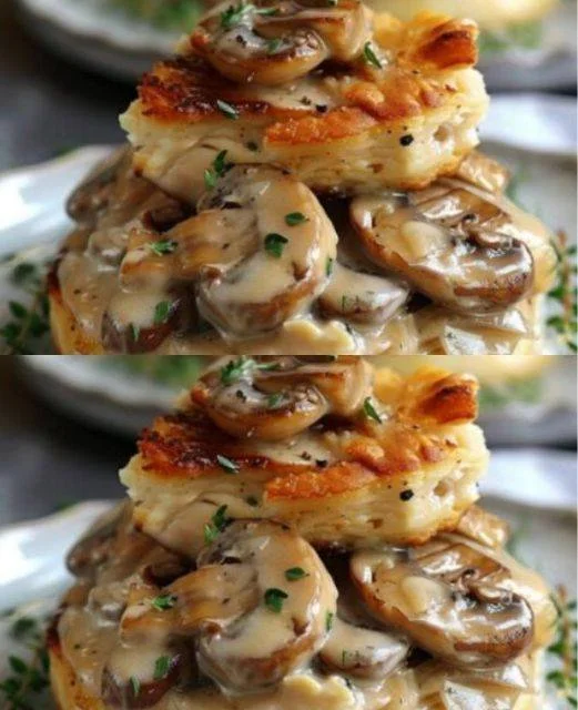 Klassieke vol-au-vent met kip en champignons op een witte schaal