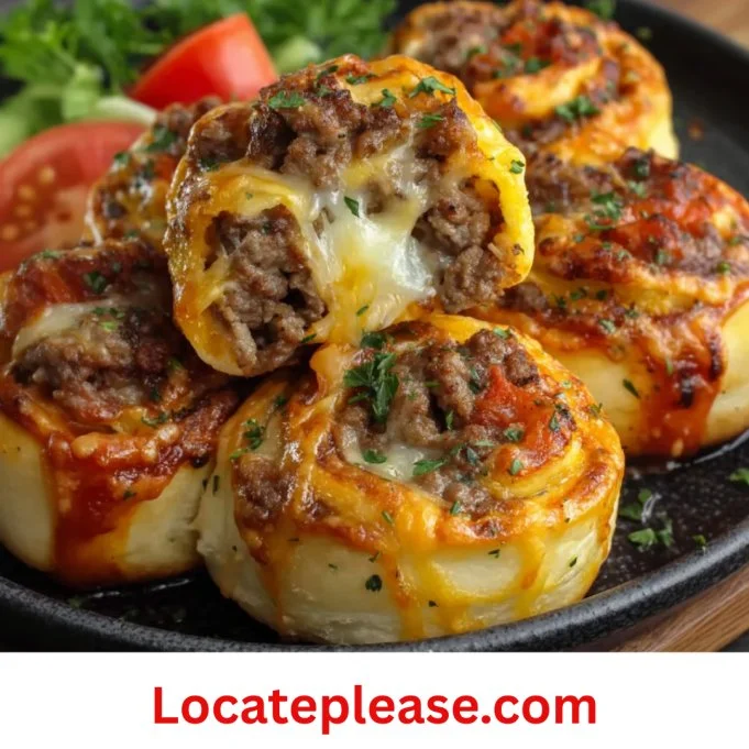 Heerlijke knoflook boter cheeseburger rollups op een houten plank