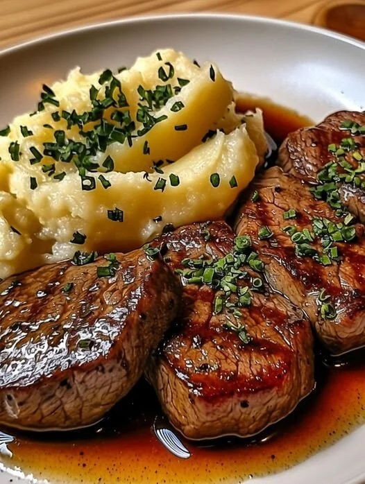 Knoflook Boter Steak geserveerd met romige aardappelpuree, een heerlijk gerecht