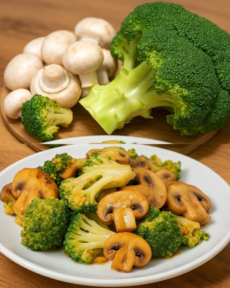 Knoflook champignon en broccoli sauté met kruiden toast op een bord