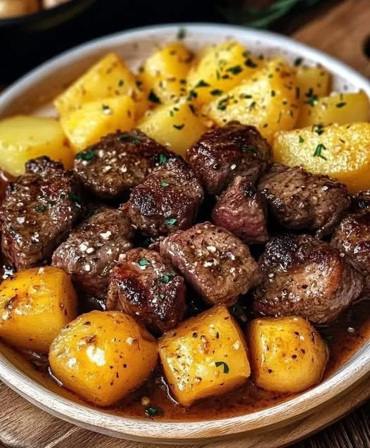Knoflookboter steak geserveerd met geroosterde baby aardappelen