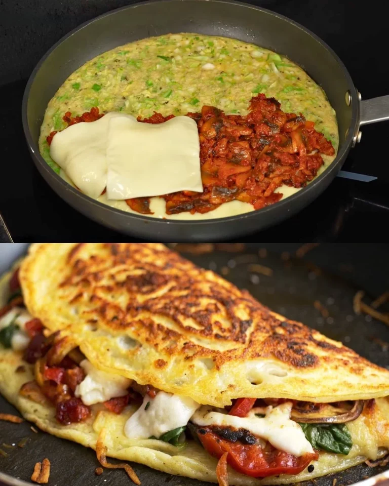 Koolpannenkoek met champignon- en kaasvulling op een bord