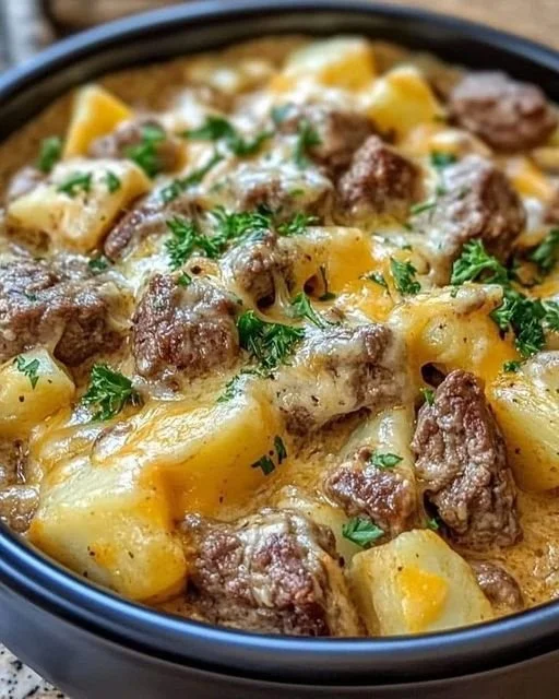 Langzaam gekookte rundvlees met een romige aardappelgratin