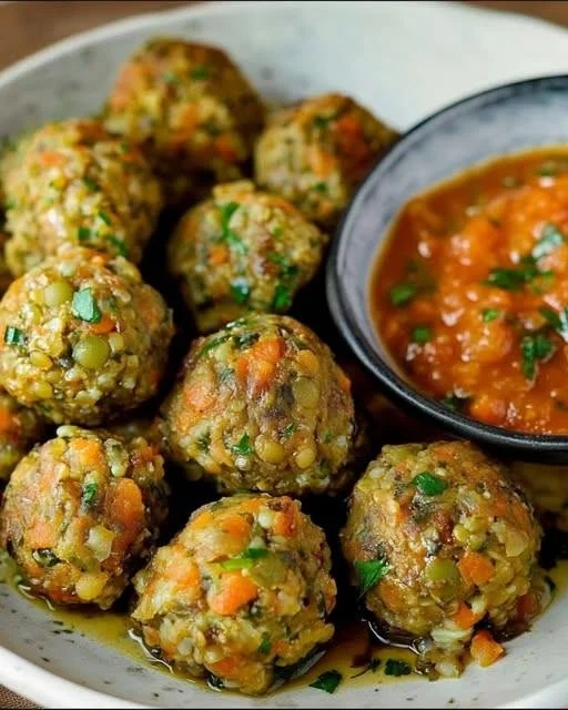 Linzensoefballetjes in tomatensaus geserveerd op een bord
