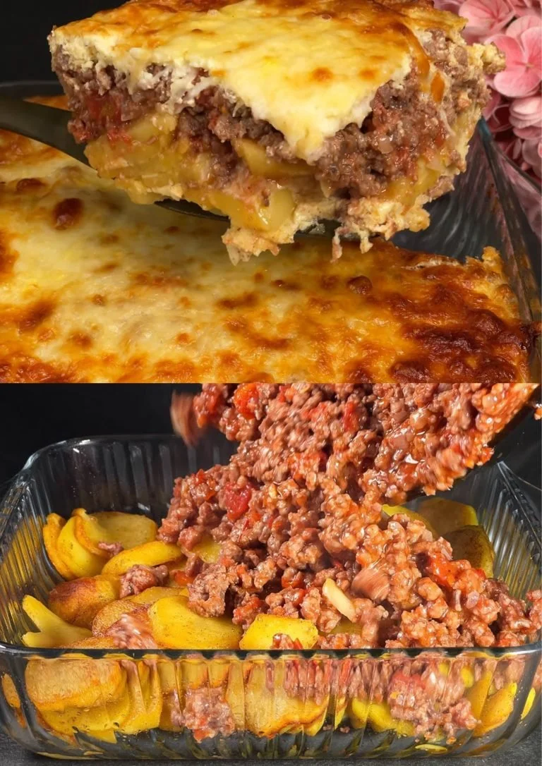 Nederlandse gehakt schotel met gebakken aardappelen en ei op een bord.