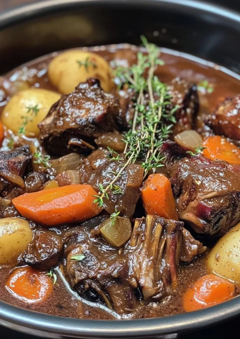 Ossenstaart Bourguignonne met groenten in een rijke rode wijnsaus