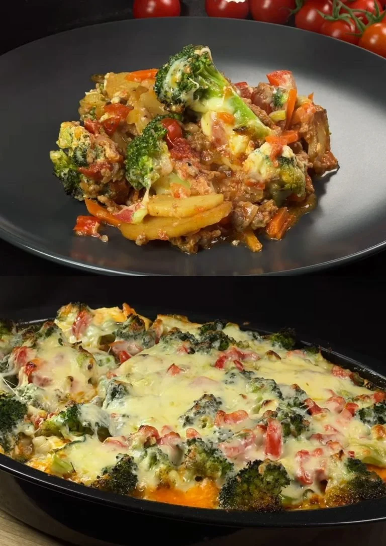 Ovengebakken broccoli met aardappelen en dubbelroomsaus op een bord