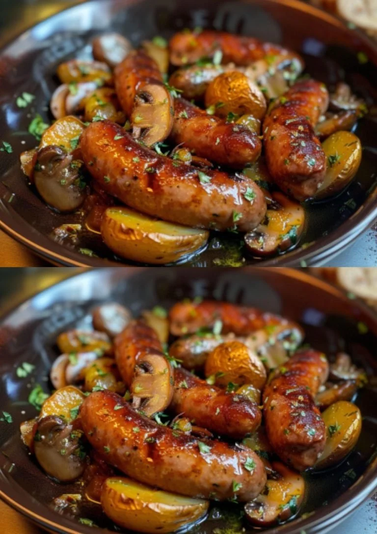 Ovenschotel met worst, champignons en aardappelen, een smakelijk recept.