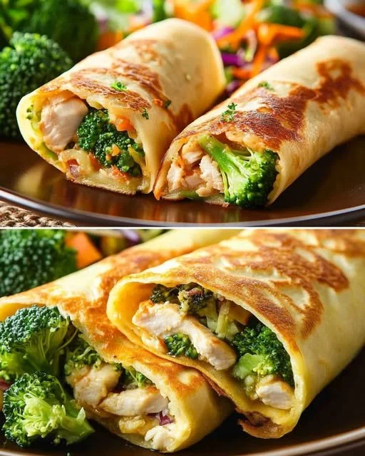 Pannenkoeken met kip en broccoli op een bord.