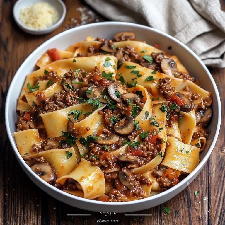 Pappardelle met gehakt en champignon tomatensaus op een wit bord