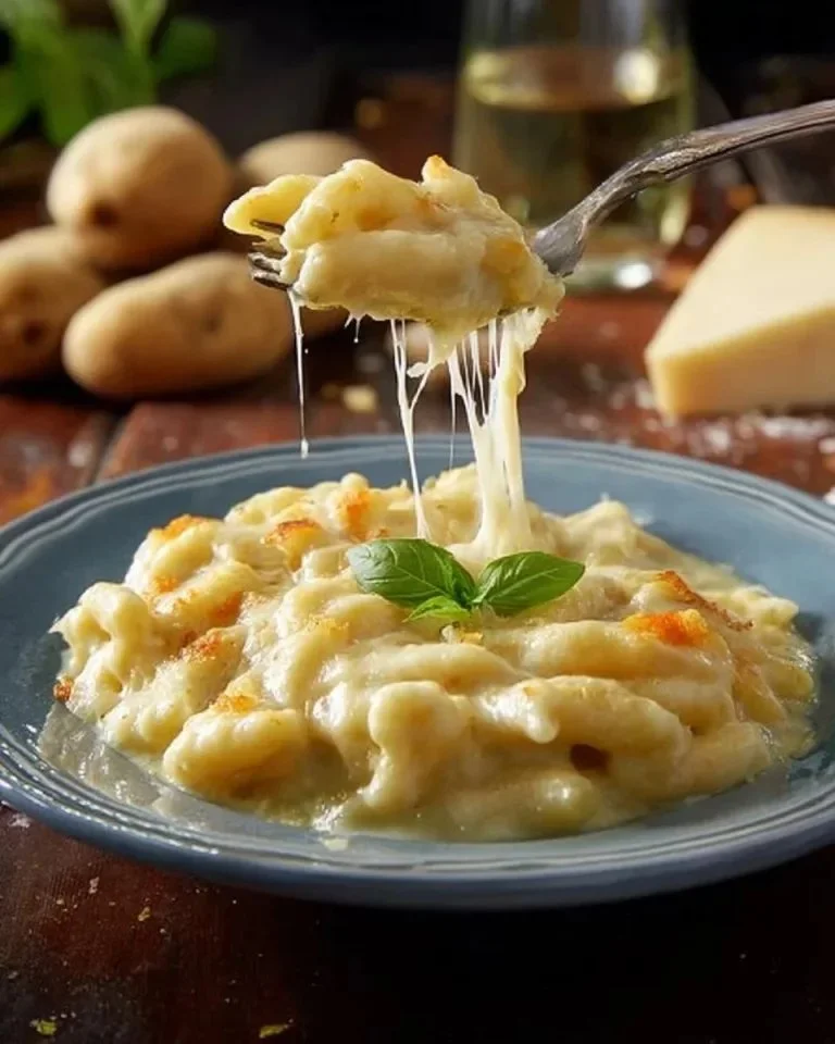 Een bord pasta met aardappelen en gesmolten provola kaas