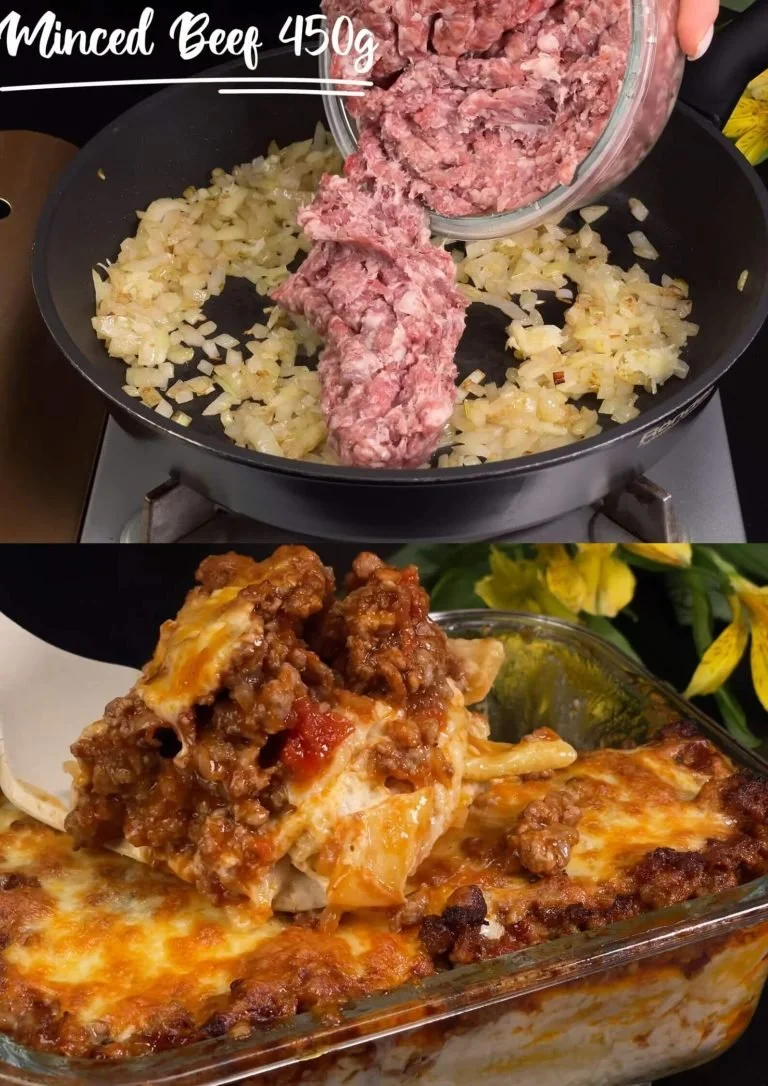 Pasta met gehakt en bechamelsaus geserveerd op een bord
