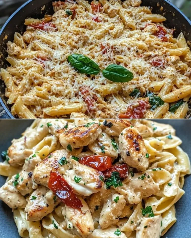 Pasta met kip en gedroogde tomaten, een smakelijk en voedzaam gerecht.