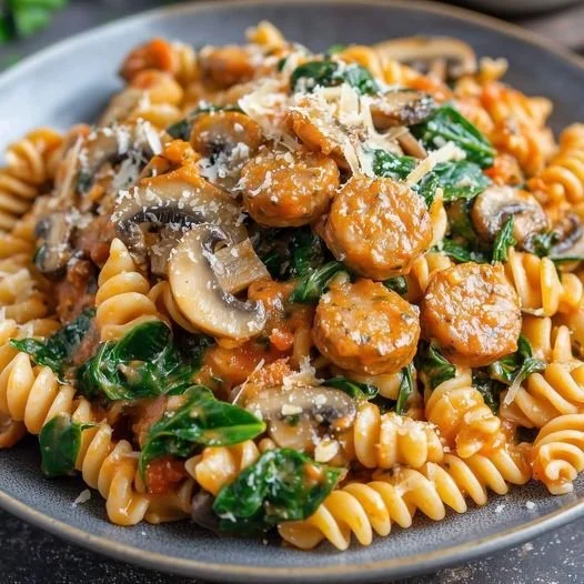 Pasta met Italiaanse worst en spinazie op een serveerschaal