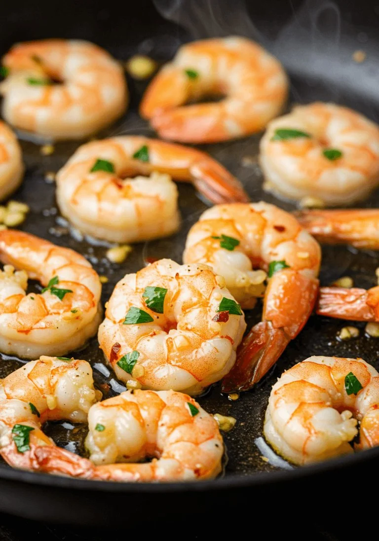 Pittige knoflook boter garnalen met citrus op een bord