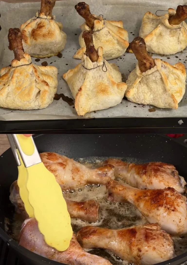 Puff pastry chicken pie with mushrooms served on a plate