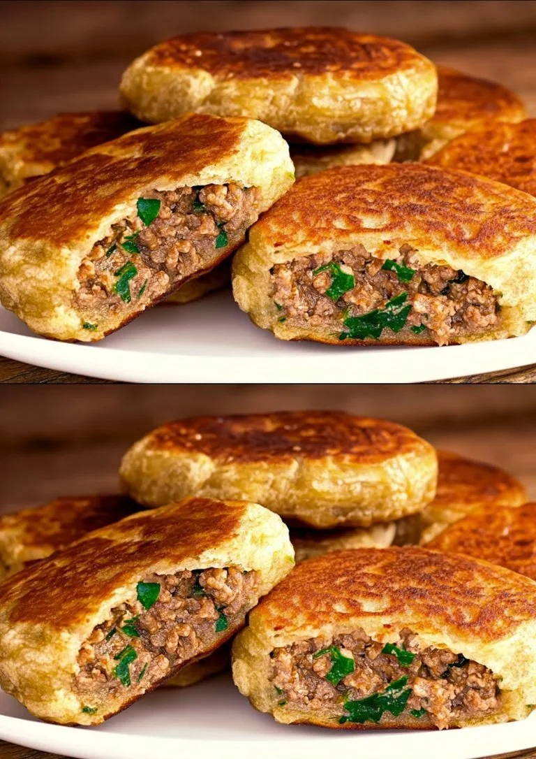 Romige aardappel fritters met gehakt en champignons op een bord