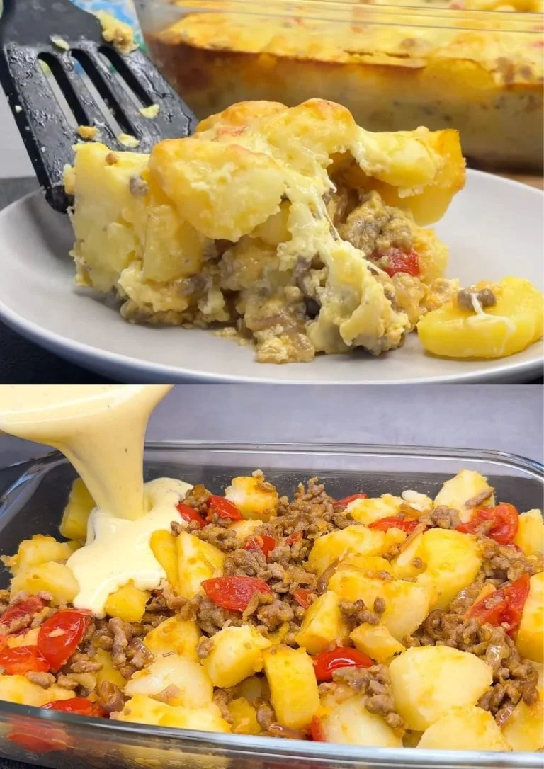 Romige aardappel-gehakt schotel met gesmolten kaas en verse kruiden