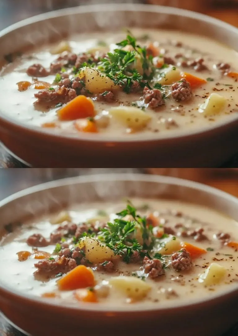 Romige Aardappel Hamburger Soep bereid in een slow cooker