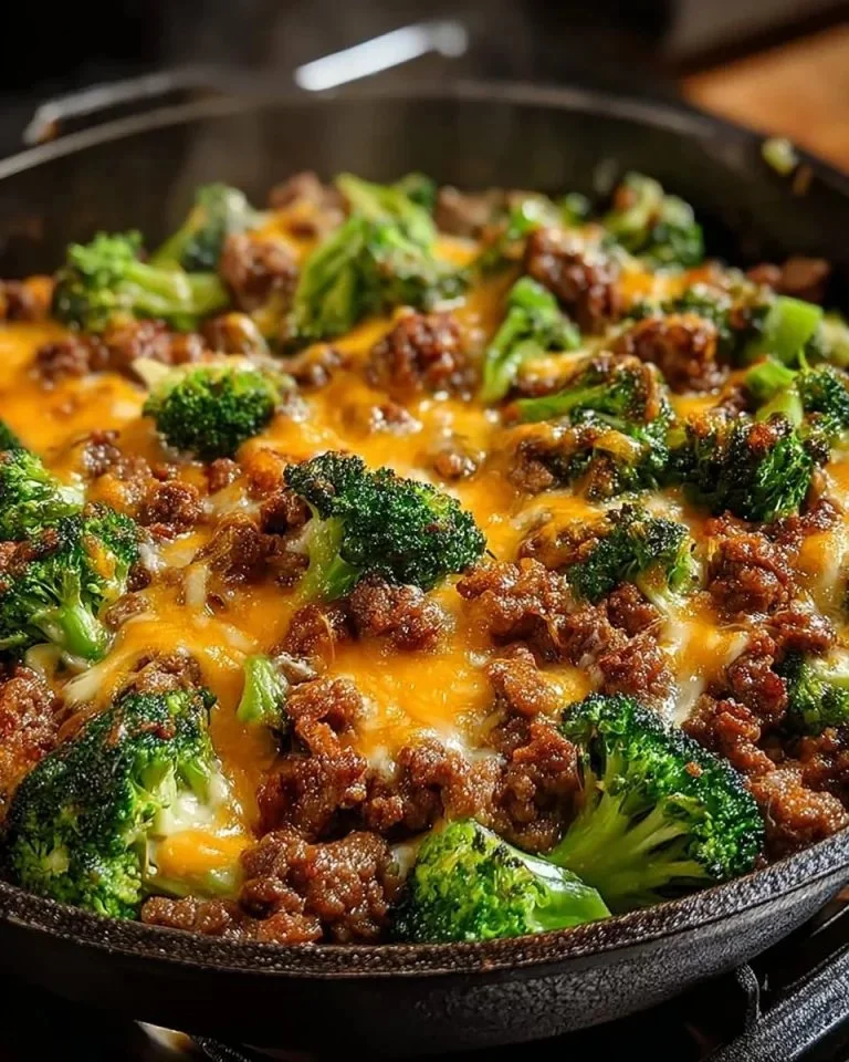 Romige broccoli en gehaktschotel met kaas en gehakt in een ovenschotel