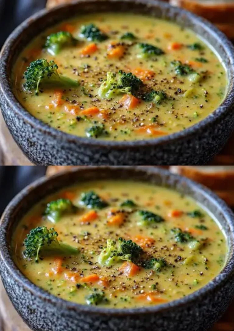 Romige broccoli kaassoep à la Panera in een kom met toppings