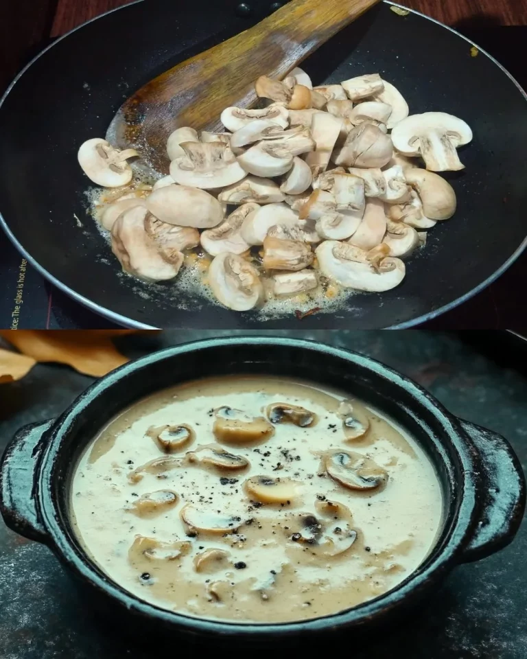 Romige champignon en munt saus geschonken in een kom met verse kruiden eromheen