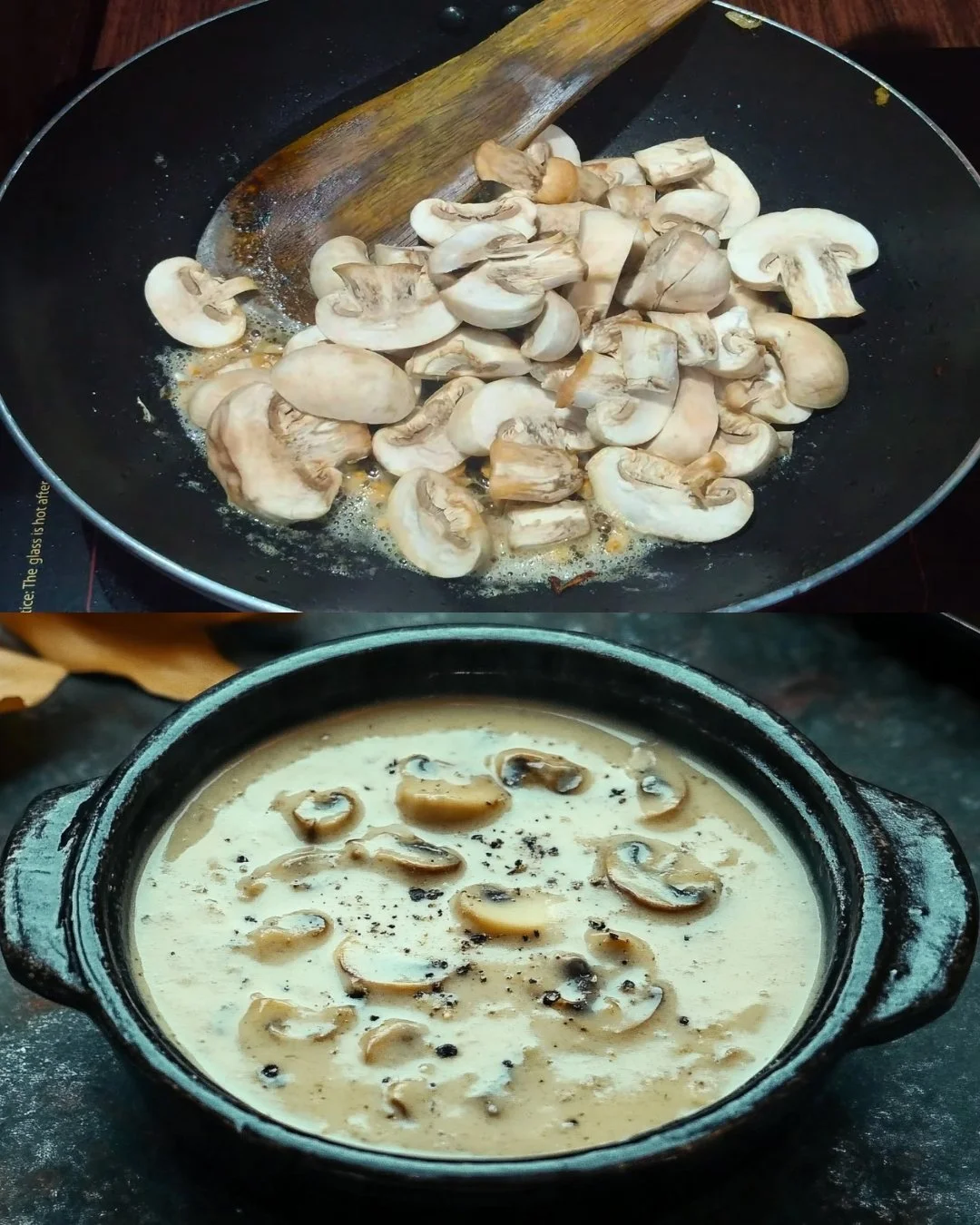 Romige champignon en munt saus geschonken in een kom met verse kruiden eromheen
