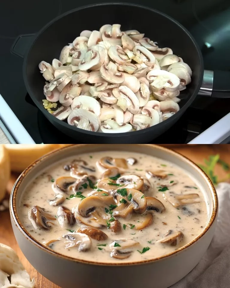 Bowl met romige champignonsoep, vers bereid met champignons en kruiden.