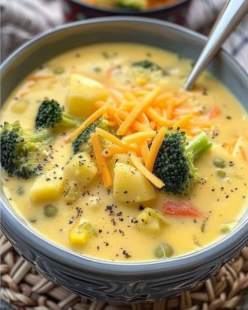 Romige cheddar broccoli aardappelsoep in een kom met versgebakken brood