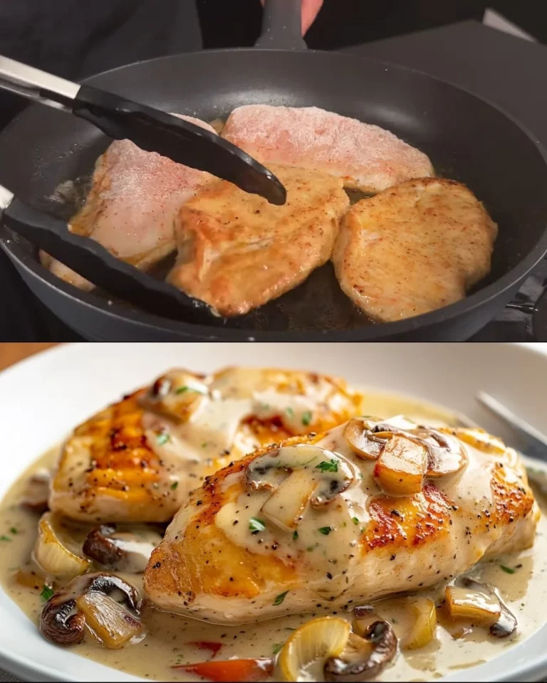 Romige gebakken kippen met groenten en champignonsaus op een bord.
