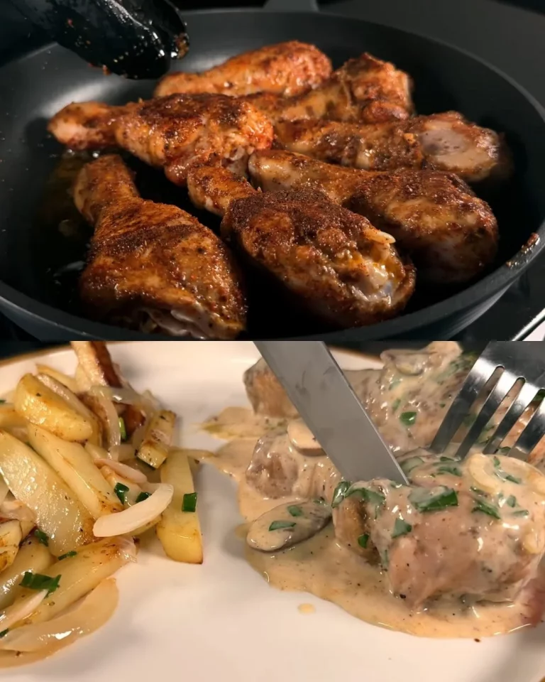 Romige gebraiseerde kip met champignons en geurende aardappelen op een bord