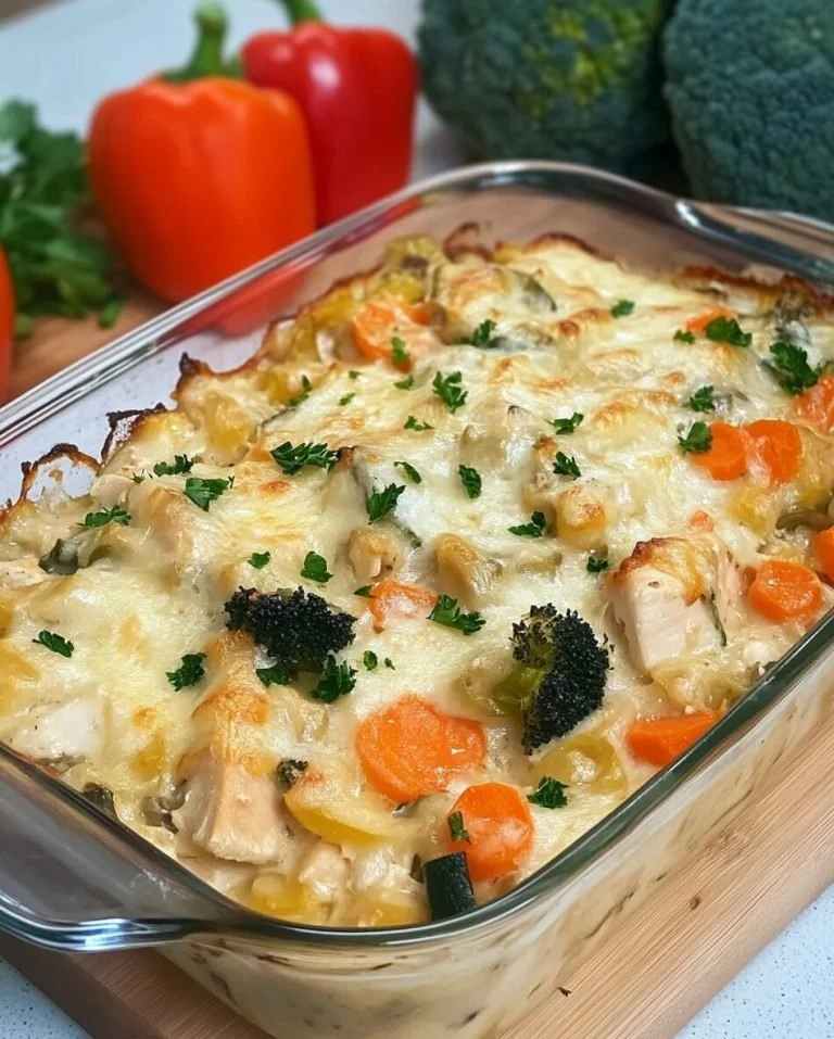 Romige groenten kip ovenschotel uit de oven, perfect voor een heerlijke maaltijd.