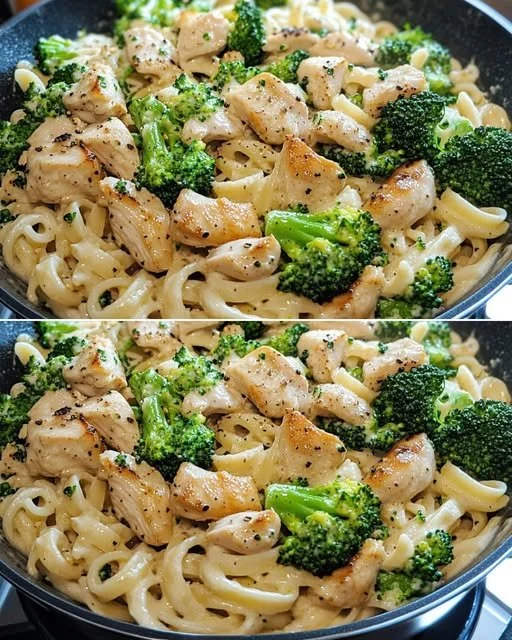 Hoge-eiwit kip alfredo met broccoli op een bord