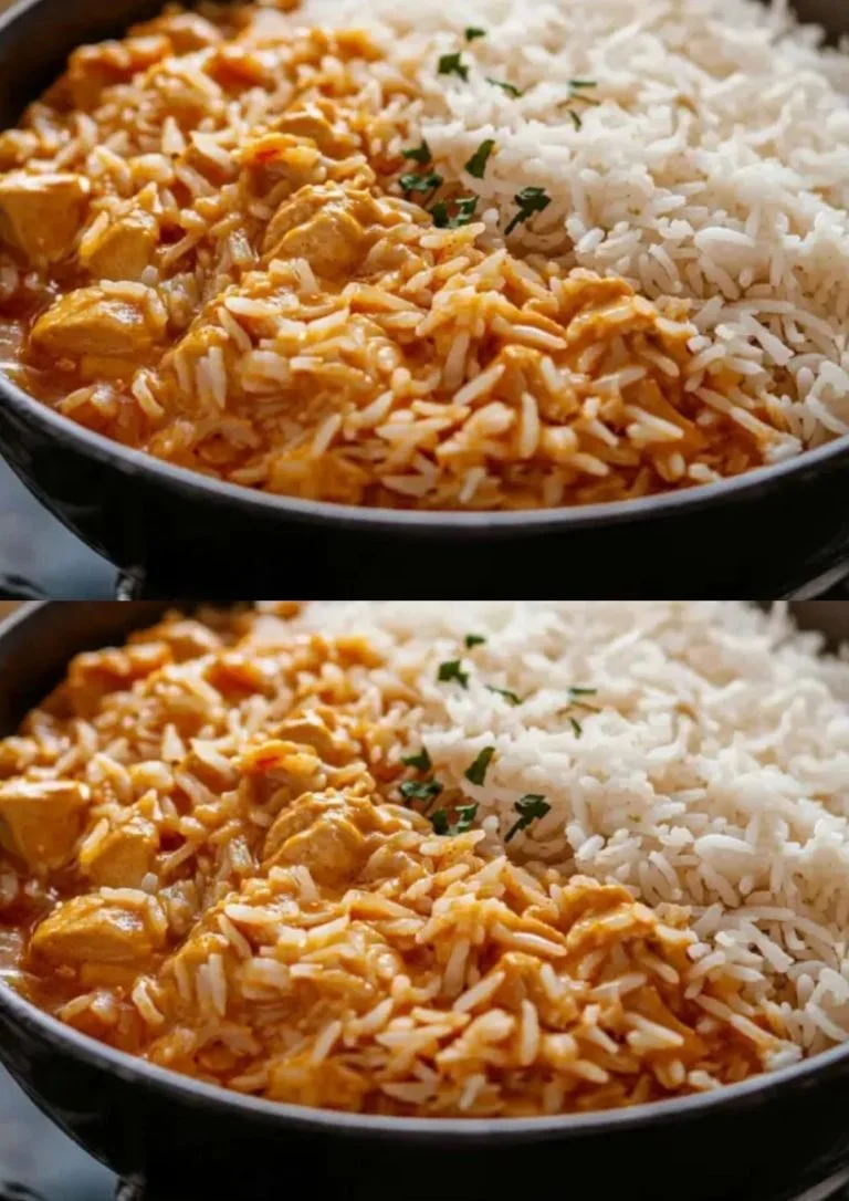 Romige Indiase Boterkip (Murgh Makhani) geserveerd met rijst en naan.