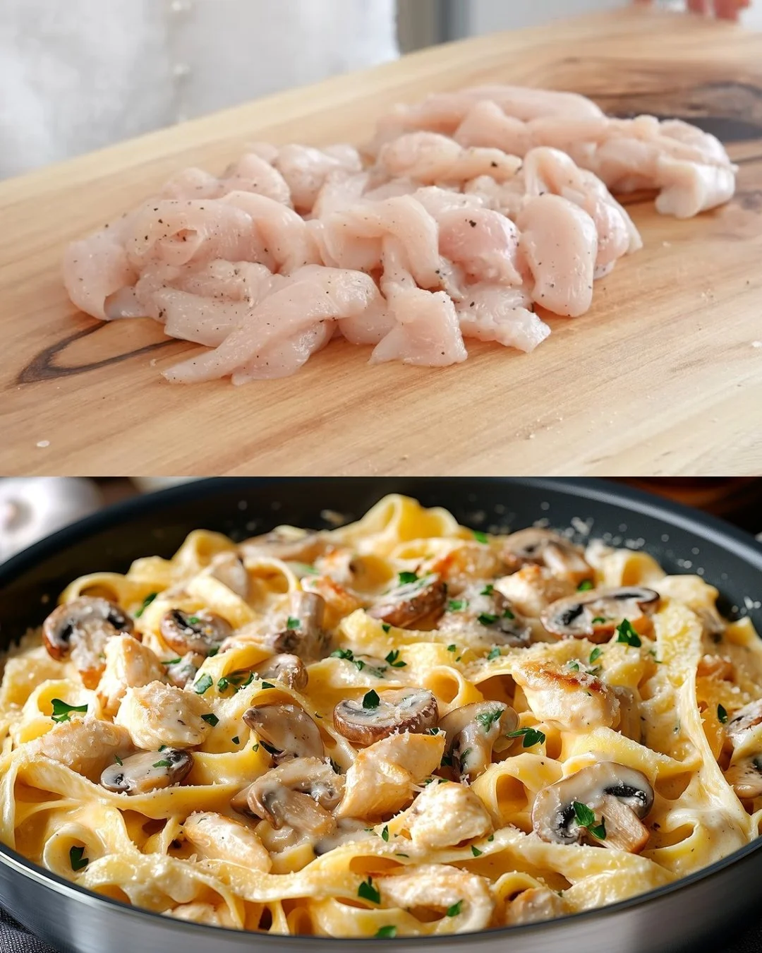 Romige Kip Champignon Pasta in Parmezaanse knoflooksaus gerecht