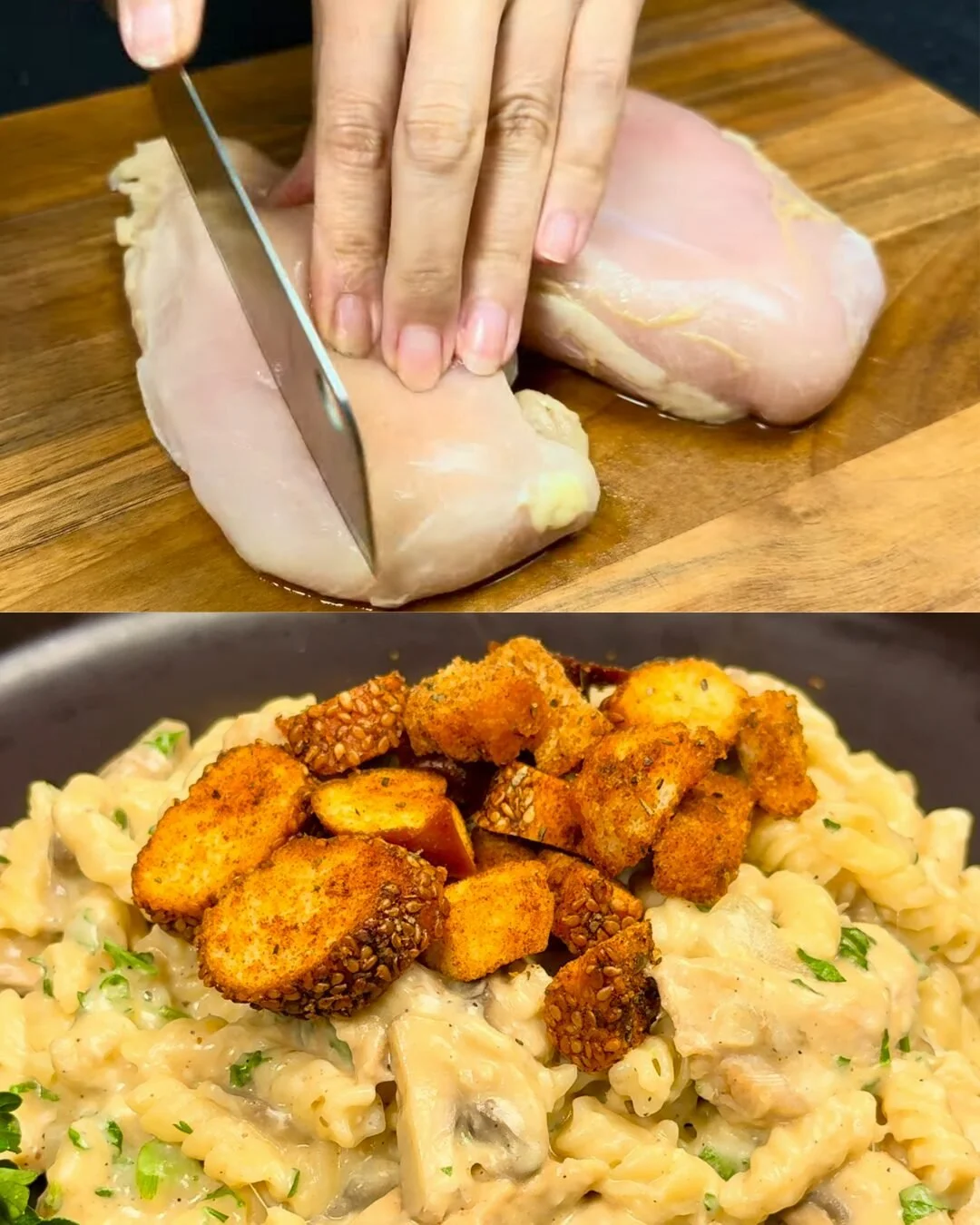 Romige kip champignon pasta met citroenzeste en mozzarella op een bord