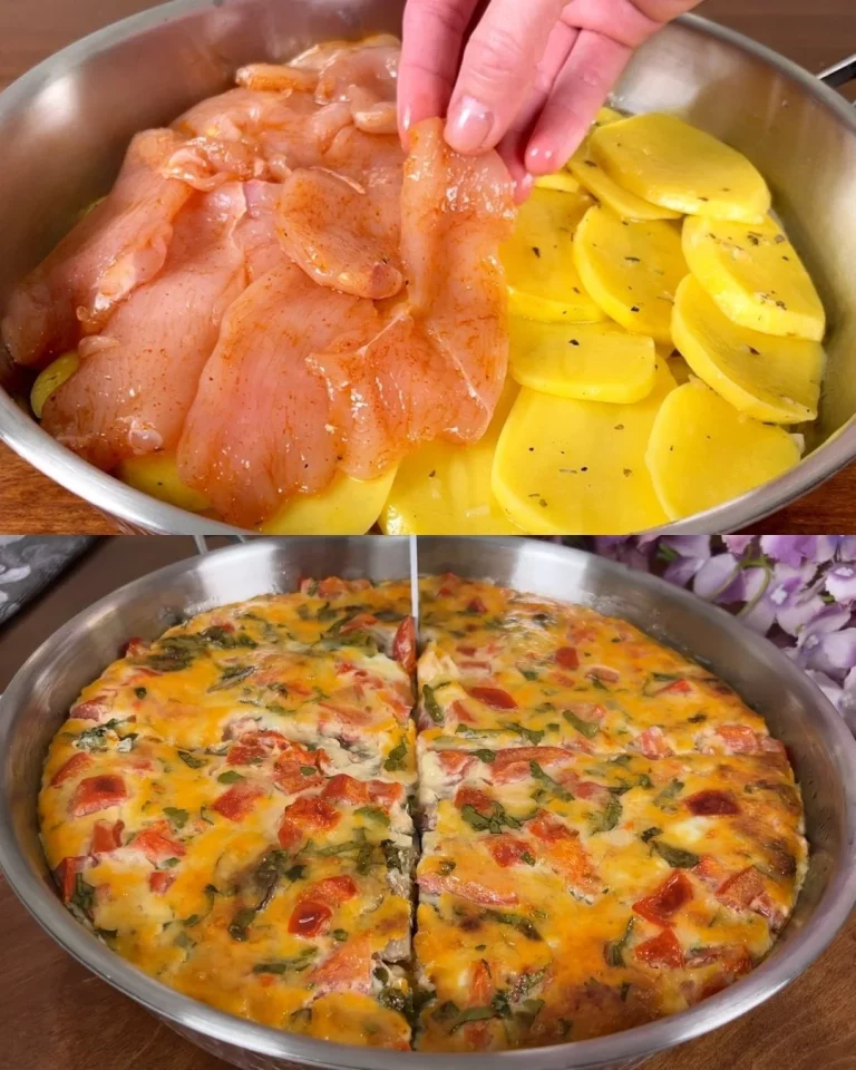 Romige kip ovenschotel met aardappelen, uien en champignon, geserveerd met zijsalade.