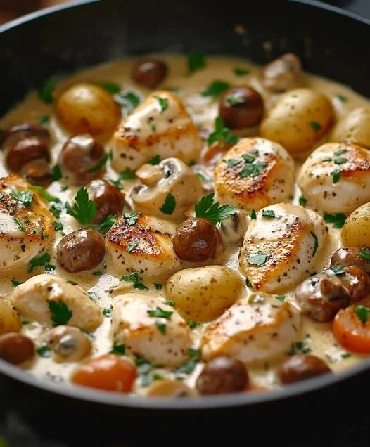 Romige kip met champignons in een pan, ideaal voor een snelle maaltijd