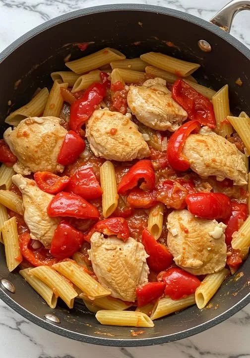 Romige Kip en Paprika Pasta met verse ingrediënten en kruiden