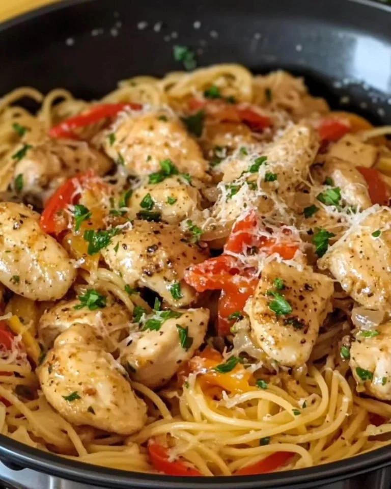 Romige kip scampi met paprika op een bord, Een lekker gerecht.